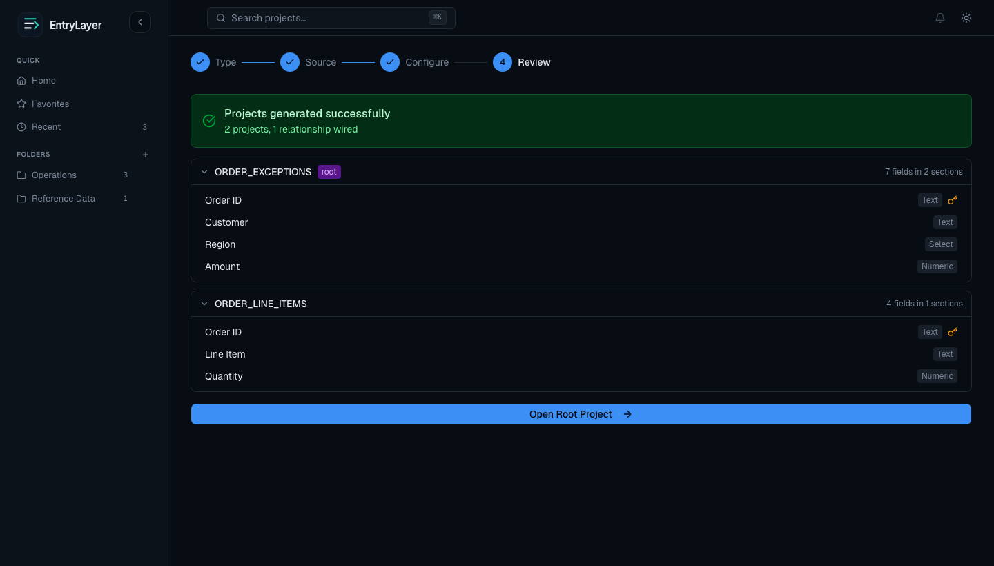 Generated project review screen with inferred fields and sections