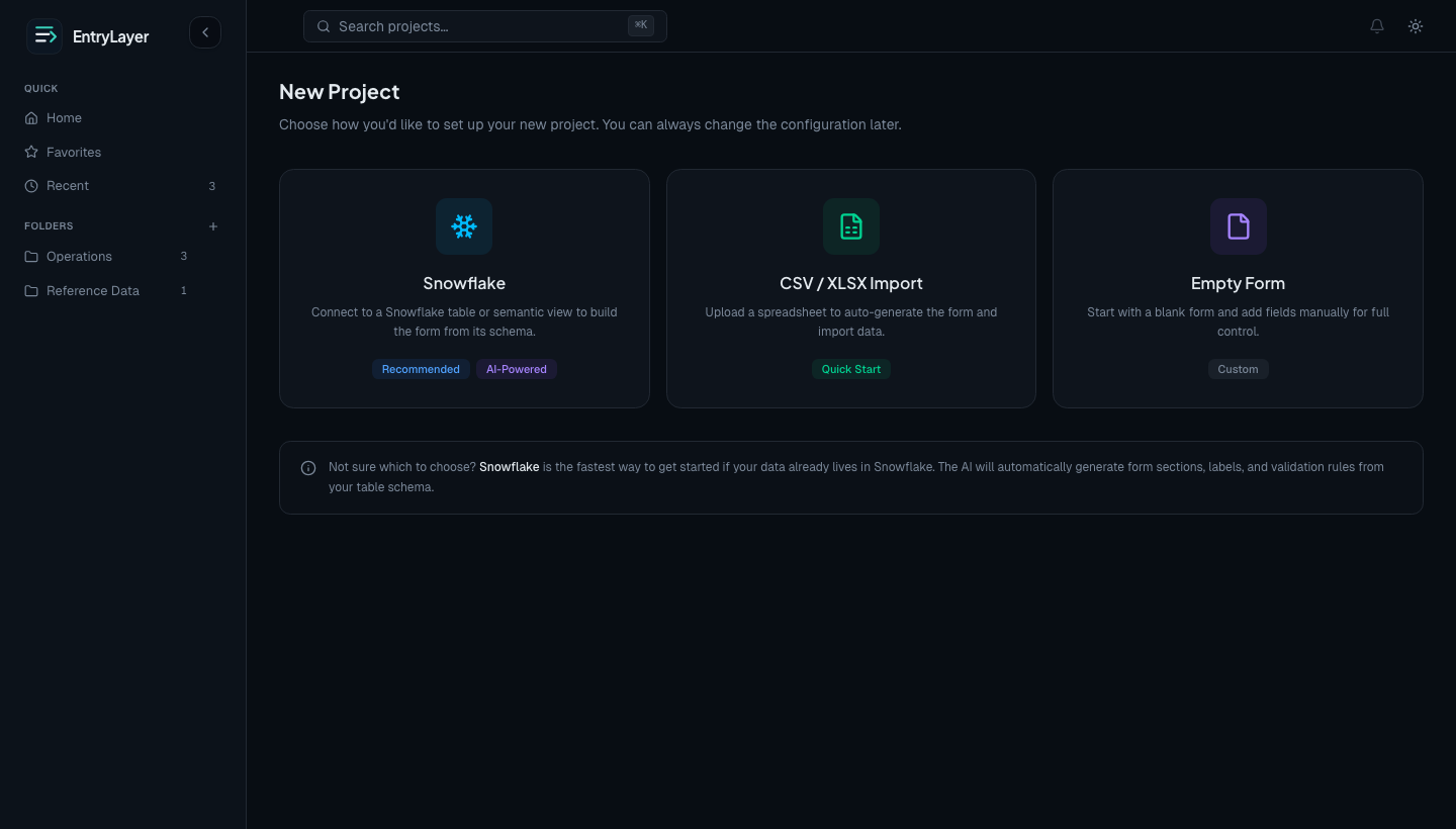 New Project flow showing Snowflake, CSV/XLSX import, and Empty Form options